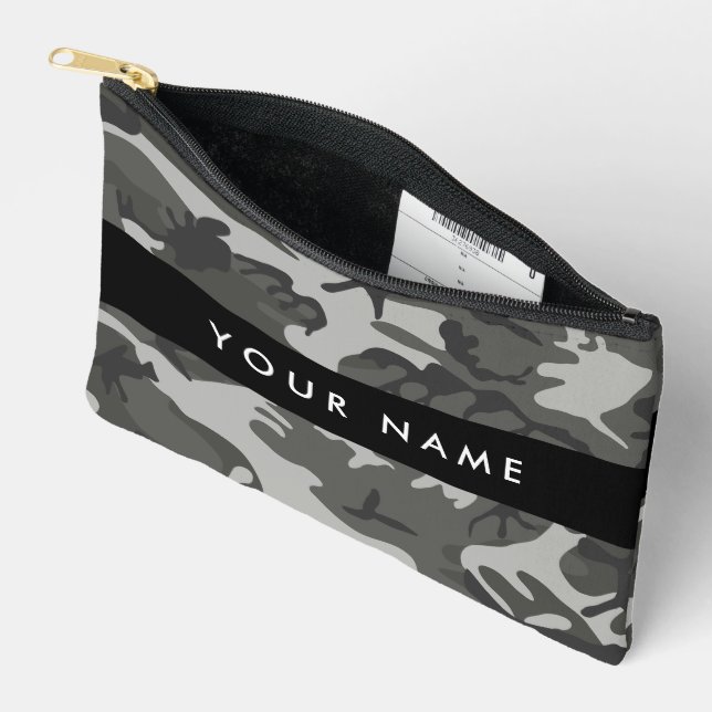 Grey Camouflage Pattern, Your name, Personalize Accessory Pouch (Open)