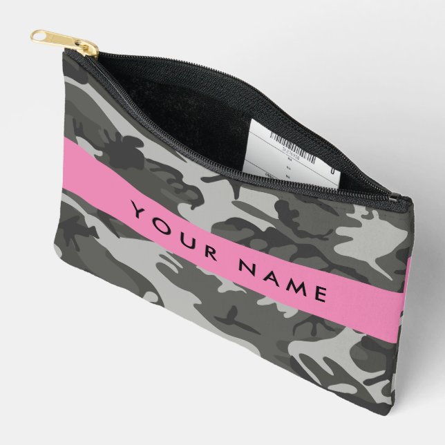Grey Camouflage Pattern, Your name, Personalize Accessory Pouch (Open)