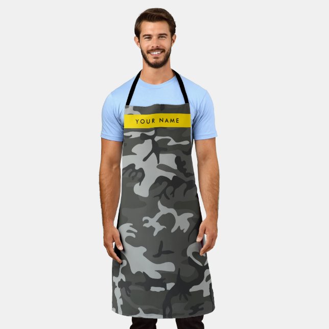 Grey Camouflage Pattern, Your name, Personalize Apron (Worn)