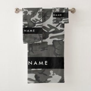 Grey Camouflage Pattern, Your name, Personalize Bath Towel Set