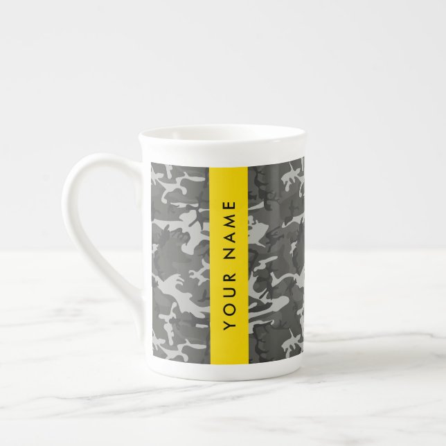 Grey Camouflage Pattern, Your name, Personalize Bone China Mug (Left)