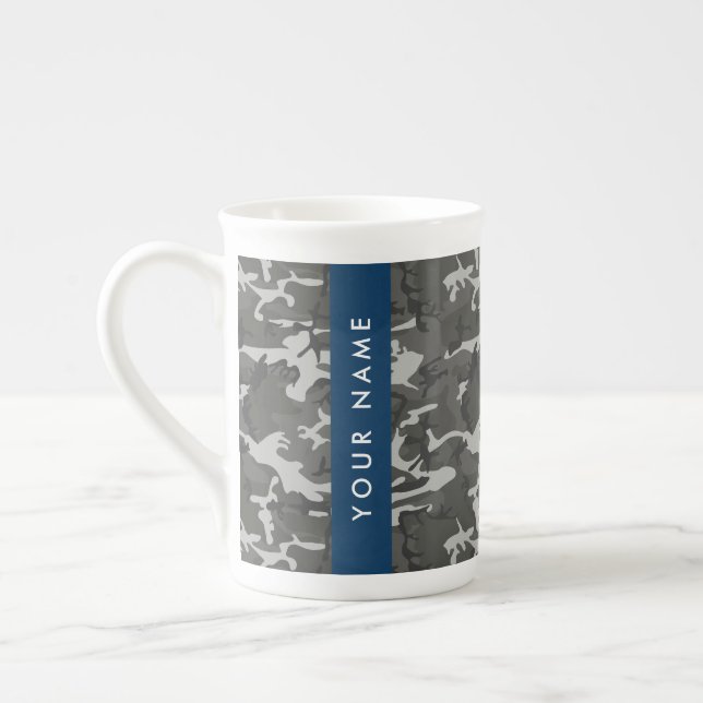 Grey Camouflage Pattern, Your name, Personalize Bone China Mug (Left)