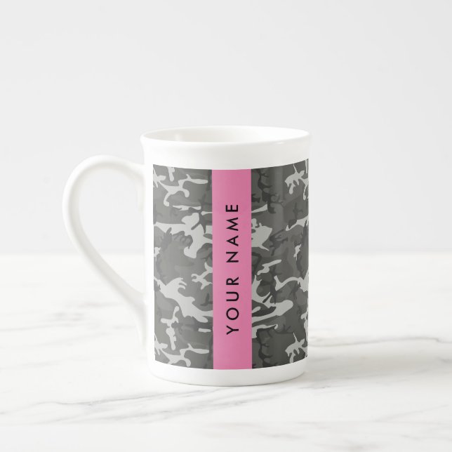 Grey Camouflage Pattern, Your name, Personalize Bone China Mug (Left)