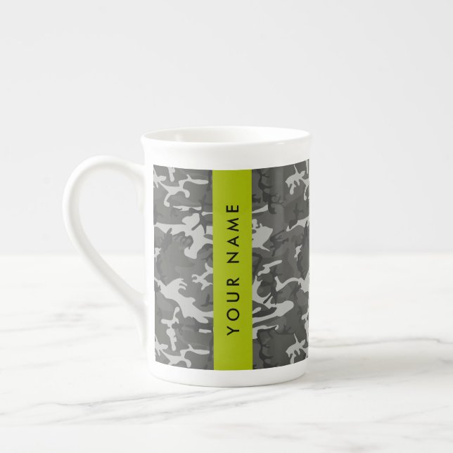 Grey Camouflage Pattern, Your name, Personalize Bone China Mug (Left)