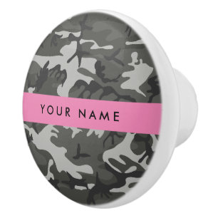 Grey Camouflage Pattern, Your name, Personalize Ceramic Knob