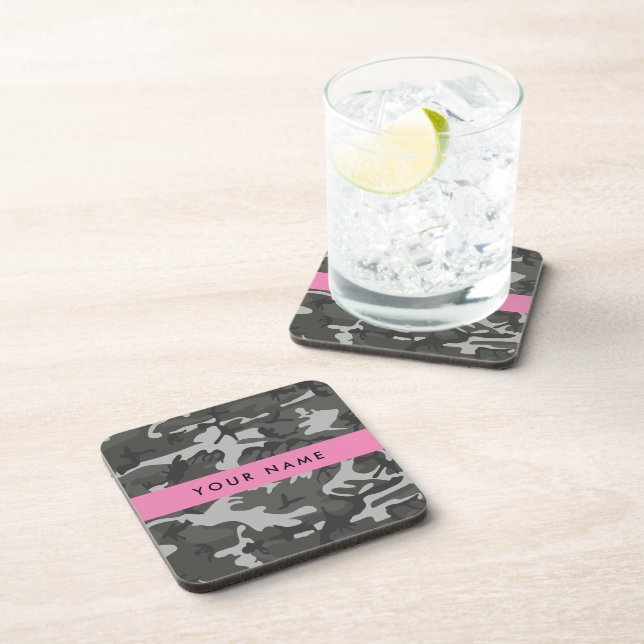 Grey Camouflage Pattern, Your name, Personalize Coaster (Right Side)