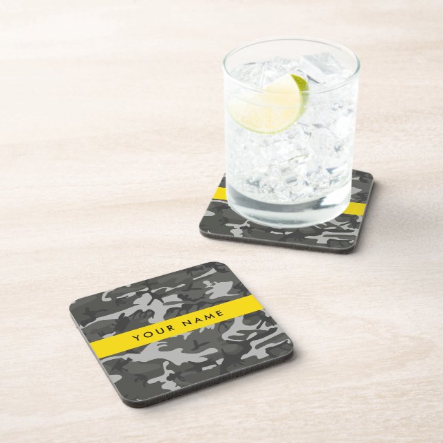Grey Camouflage Pattern, Your name, Personalize Coaster (Right Side)