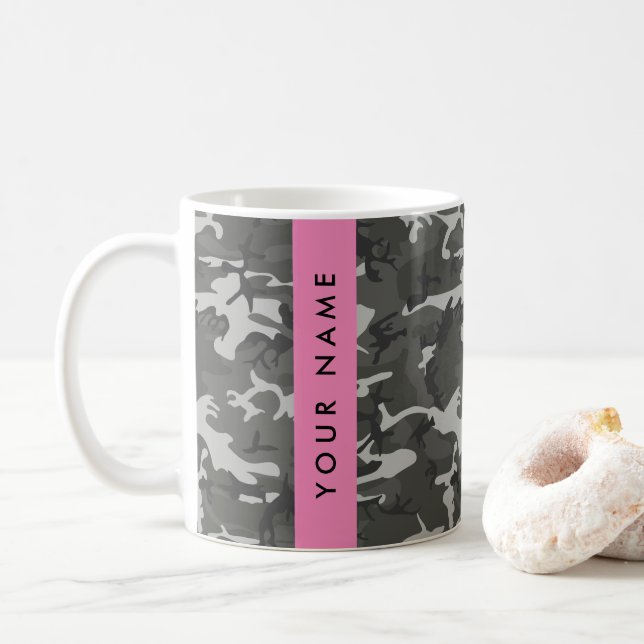 Grey Camouflage Pattern, Your name, Personalize Coffee Mug (With Donut)