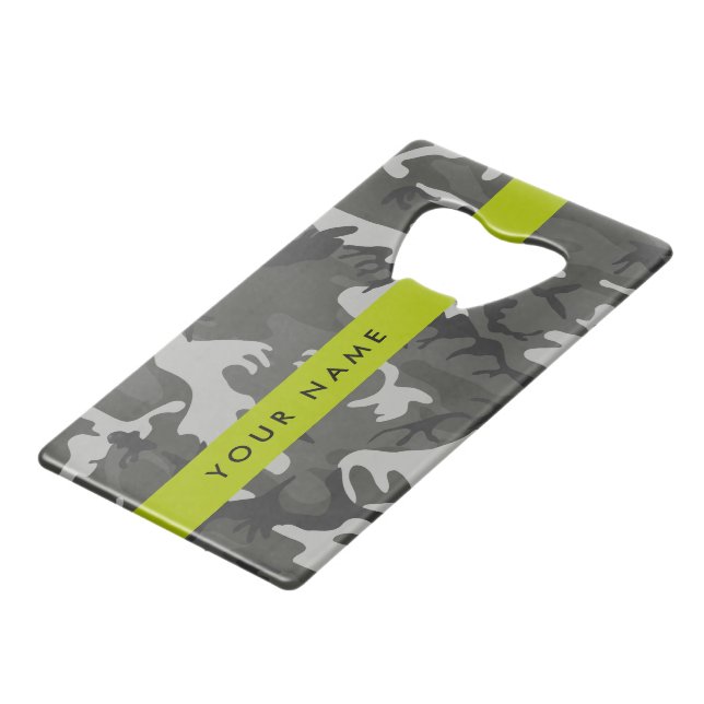 Grey Camouflage Pattern, Your name, Personalize Credit Card Bottle Opener (Front Angled)