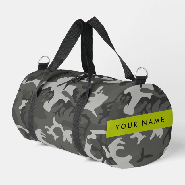 Grey Camouflage Pattern, Your name, Personalize Duffle Bag (Left Corner)