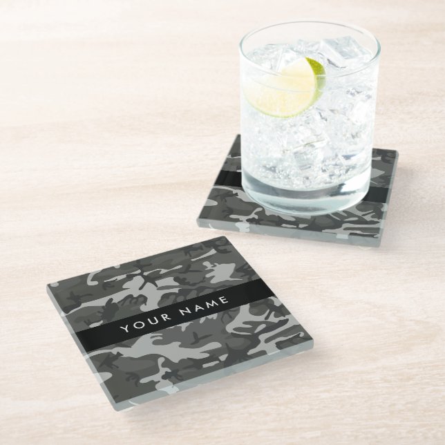 Grey Camouflage Pattern, Your name, Personalize Glass Coaster (Angled)