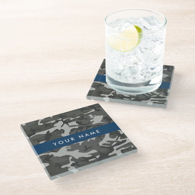Grey Camouflage Pattern, Your name, Personalize Glass Coaster (Angled)