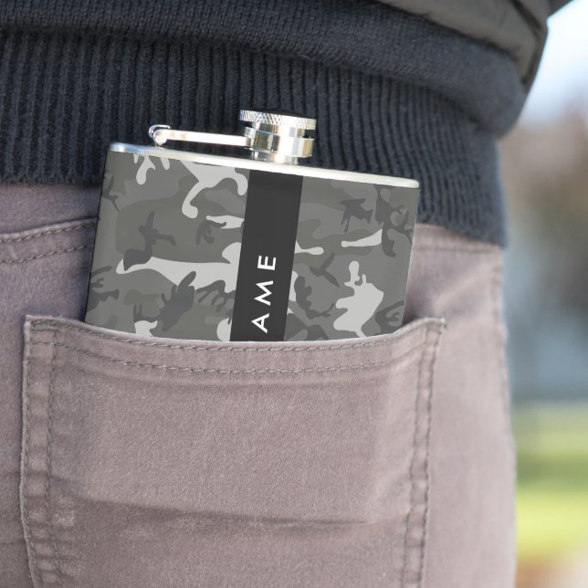 Grey Camouflage Pattern, Your name, Personalize Hip Flask (In Situ)
