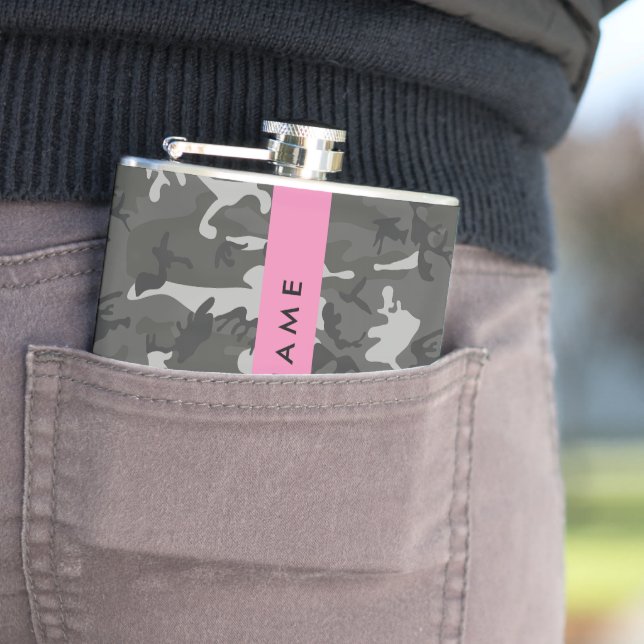 Grey Camouflage Pattern, Your name, Personalize Hip Flask (In Situ)