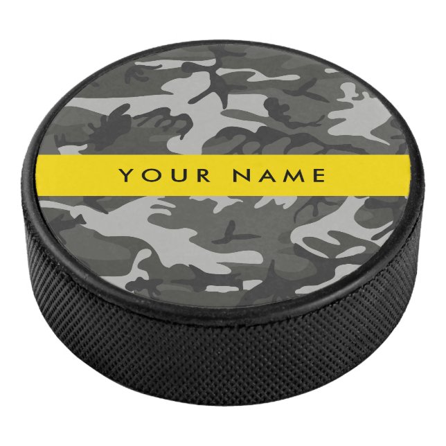 Grey Camouflage Pattern, Your name, Personalize Hockey Puck (3/4)