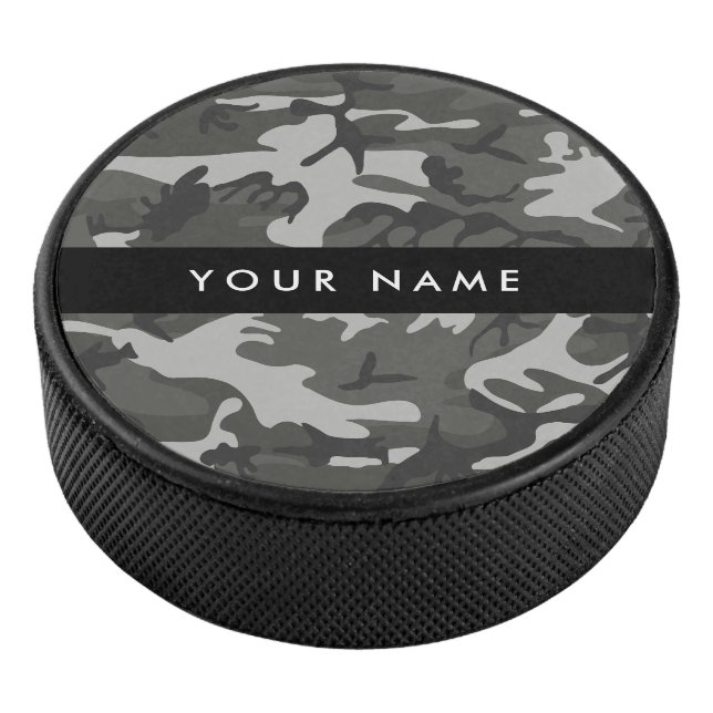 Grey Camouflage Pattern, Your name, Personalize Hockey Puck (3/4)