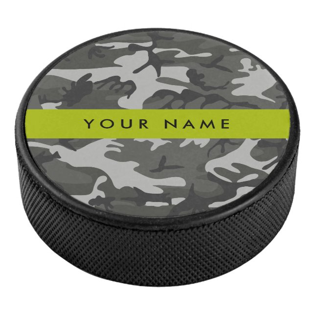 Grey Camouflage Pattern, Your name, Personalize Hockey Puck (3/4)