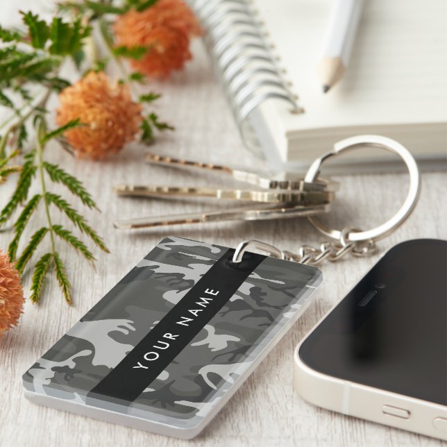 Grey Camouflage Pattern, Your name, Personalize Keychain (Front Right)