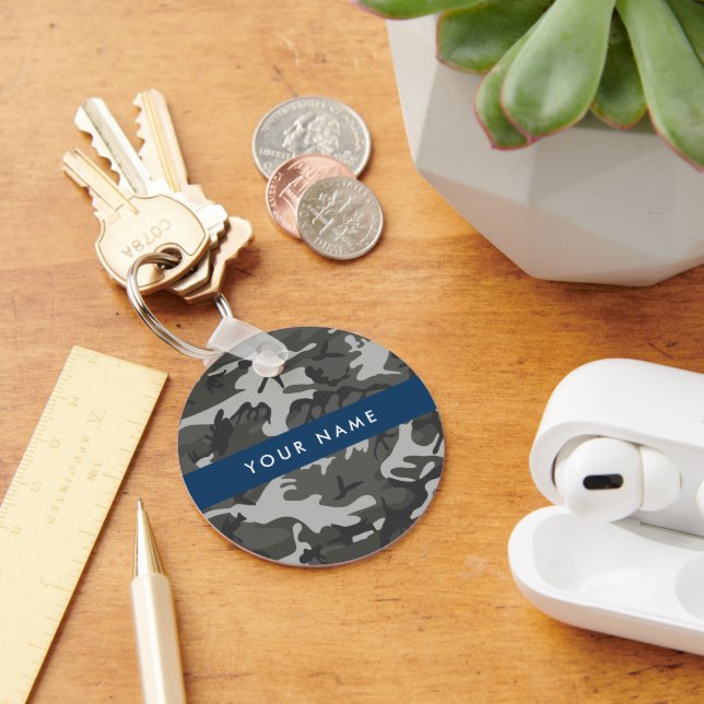 Grey Camouflage Pattern, Your name, Personalize Keychain (Desk)