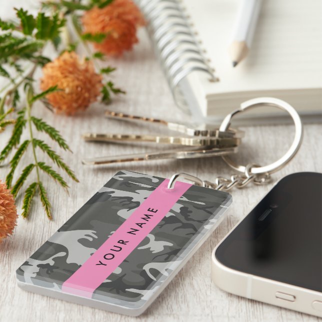 Grey Camouflage Pattern, Your name, Personalize Keychain (Front Right)