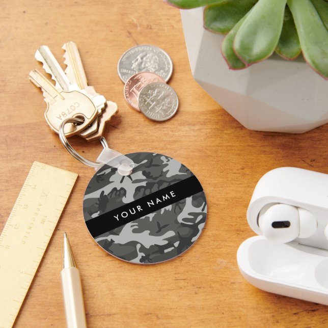 Grey Camouflage Pattern, Your name, Personalize Keychain (Desk)