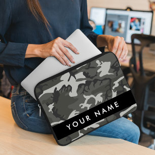 Grey Camouflage Pattern, Your name, Personalize Laptop Sleeve