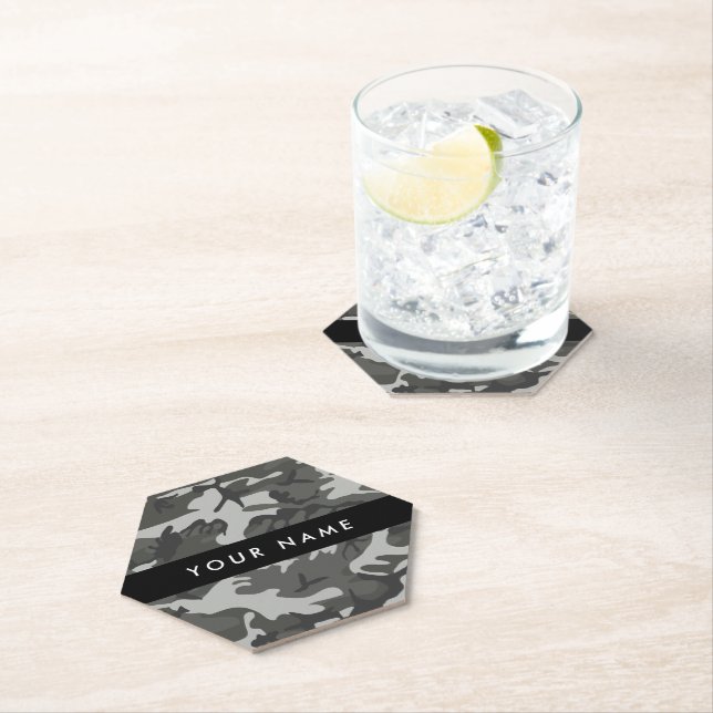 Grey Camouflage Pattern, Your name, Personalize Paper Coaster (Insitu)