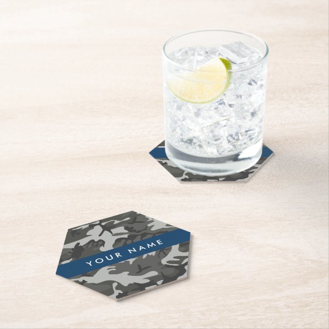Grey Camouflage Pattern, Your name, Personalize Paper Coaster (Insitu)
