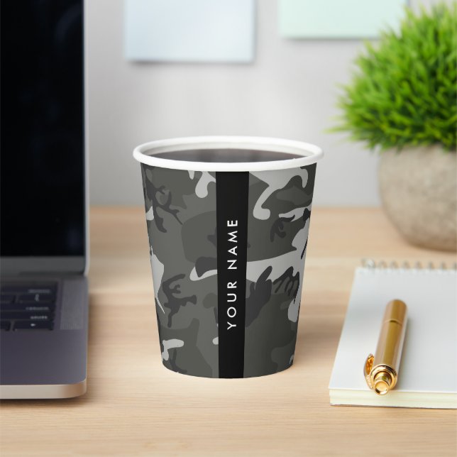 Grey Camouflage Pattern, Your name, Personalize Paper Cups (Insitu)