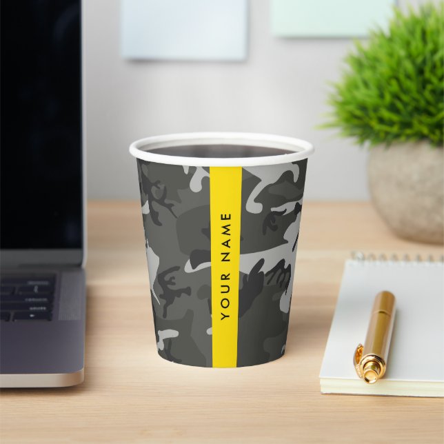 Grey Camouflage Pattern, Your name, Personalize Paper Cups (Insitu)