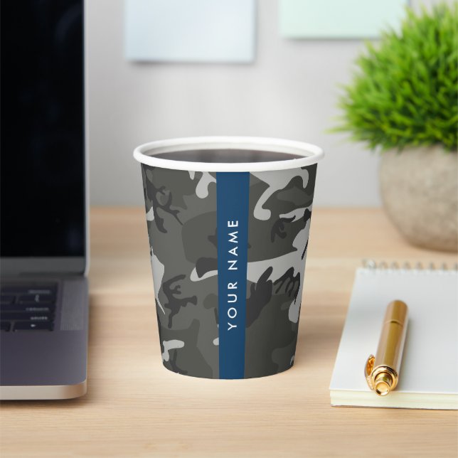 Grey Camouflage Pattern, Your name, Personalize Paper Cups (Insitu)