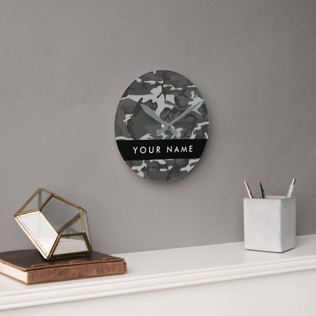 Grey Camouflage Pattern, Your name, Personalize Round Clock (Office)