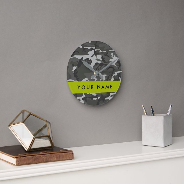 Grey Camouflage Pattern, Your name, Personalize Round Clock (Office)
