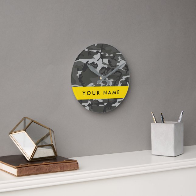Grey Camouflage Pattern, Your name, Personalize Round Clock (Office)