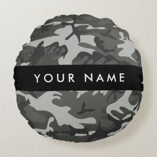 Grey Camouflage Pattern, Your name, Personalize Round Pillow