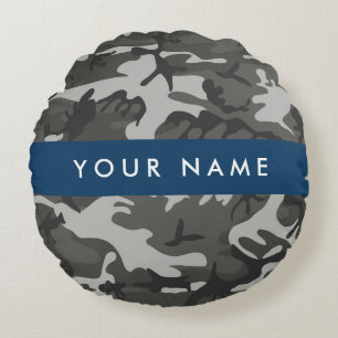 Grey Camouflage Pattern, Your name, Personalize Round Pillow