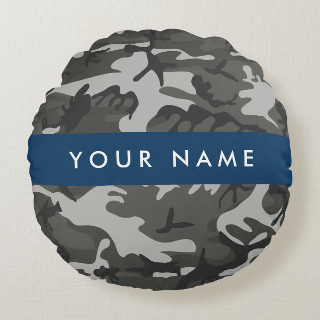 Grey Camouflage Pattern, Your name, Personalize Round Pillow (Front)