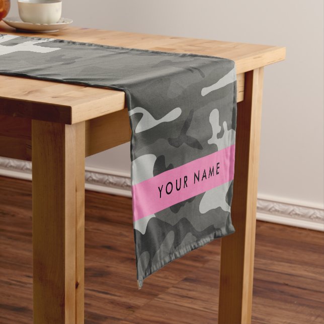 Grey Camouflage Pattern, Your name, Personalize Short Table Runner (In Situ)