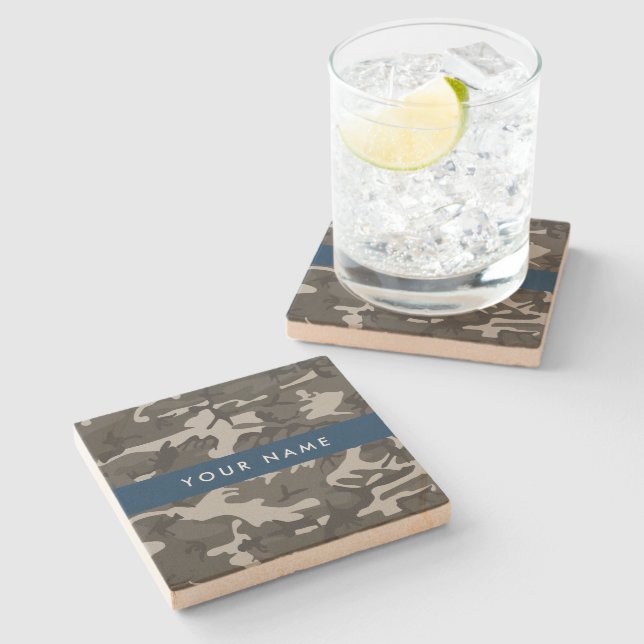 Grey Camouflage Pattern, Your name, Personalize Stone Coaster (Side)