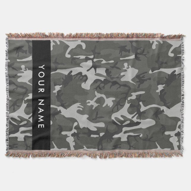 Grey Camouflage Pattern, Your name, Personalize Throw Blanket (Front)