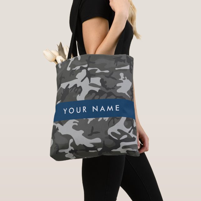 Grey Camouflage Pattern, Your name, Personalize Tote Bag (Close Up)