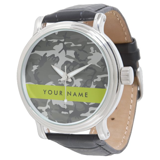 Grey Camouflage Pattern, Your name, Personalize Watch (Angled)