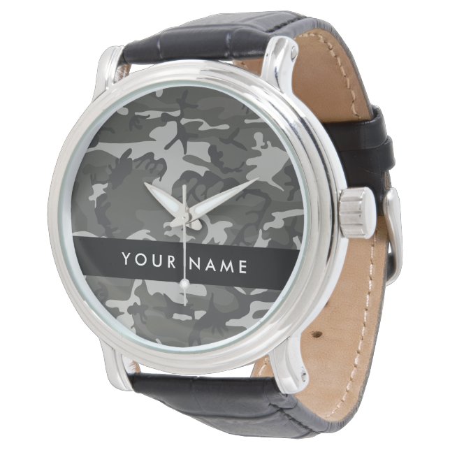 Grey Camouflage Pattern, Your name, Personalize Watch (Angled)