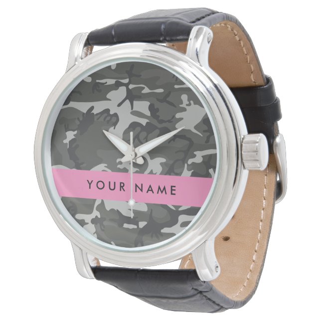 Grey Camouflage Pattern, Your name, Personalize Watch (Angled)