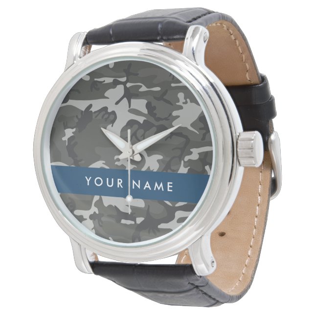 Grey Camouflage Pattern, Your name, Personalize Watch (Angled)