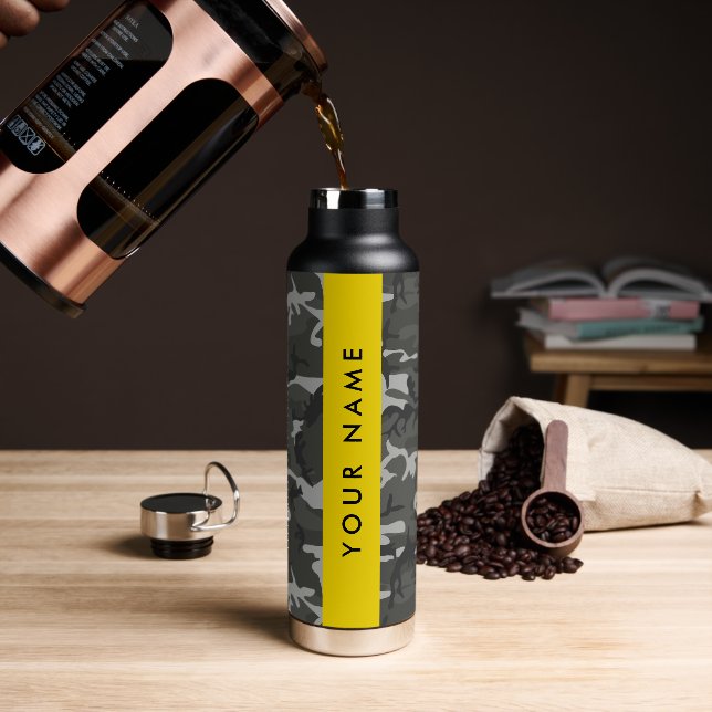Grey Camouflage Pattern, Your name, Personalize Water Bottle (Coffee)