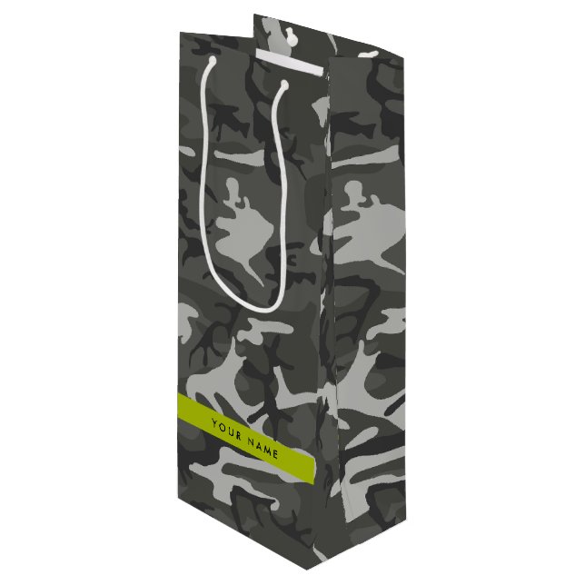 Grey Camouflage Pattern, Your name, Personalize Wine Gift Bag (Front Angled)