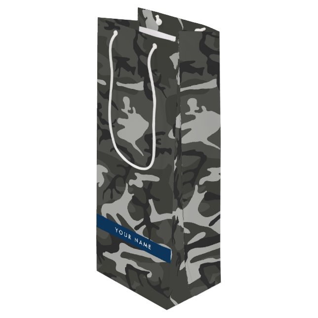 Grey Camouflage Pattern, Your name, Personalize Wine Gift Bag (Front Angled)