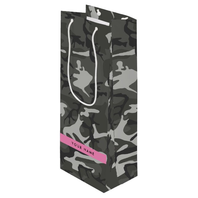 Grey Camouflage Pattern, Your name, Personalize Wine Gift Bag (Front Angled)
