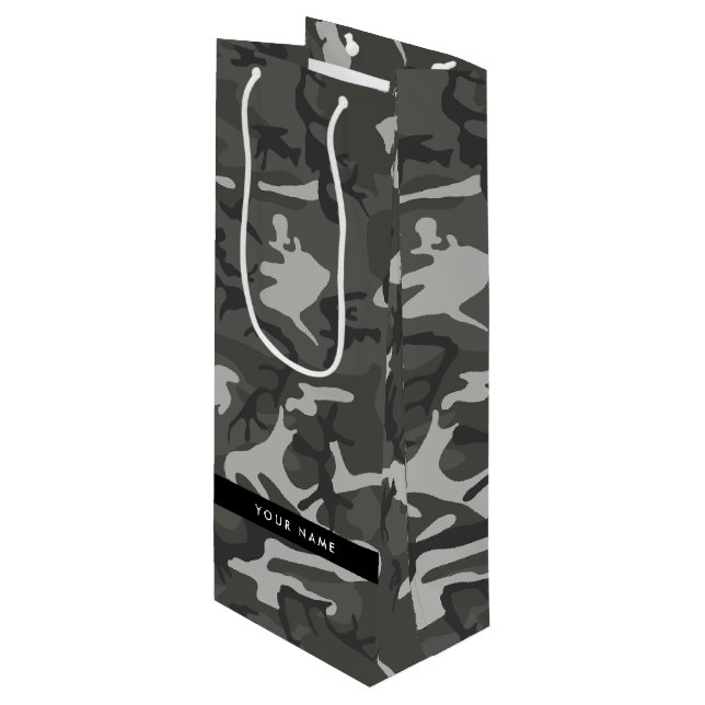 Grey Camouflage Pattern, Your name, Personalize Wine Gift Bag (Front Angled)